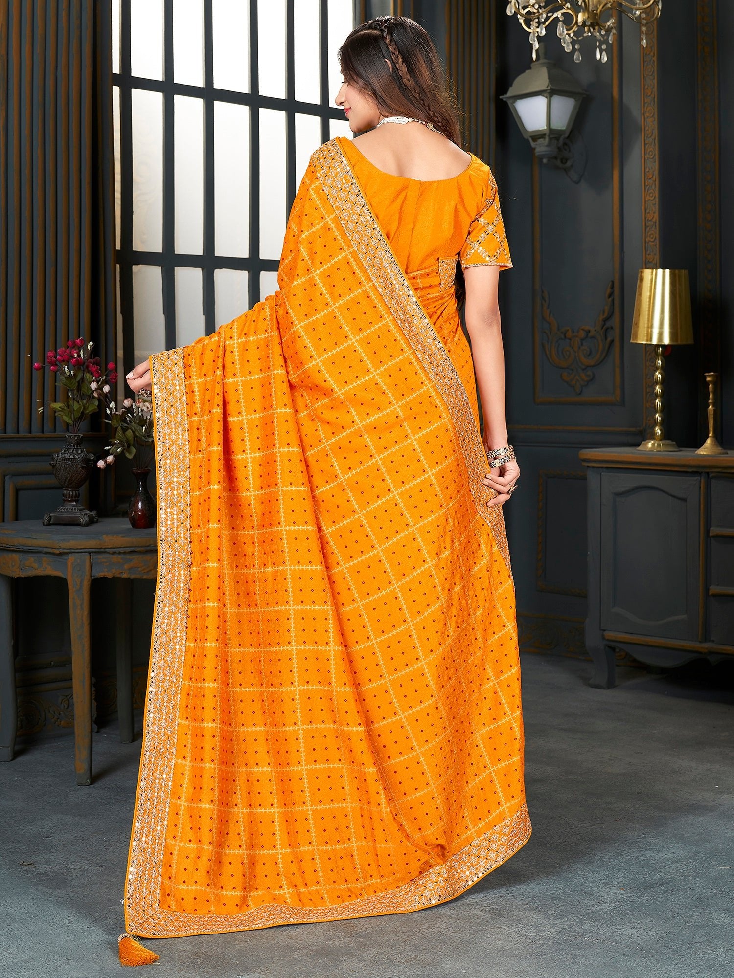 Orange Embroidered Georgette Saree with Sequin Work Blouse - Ressa