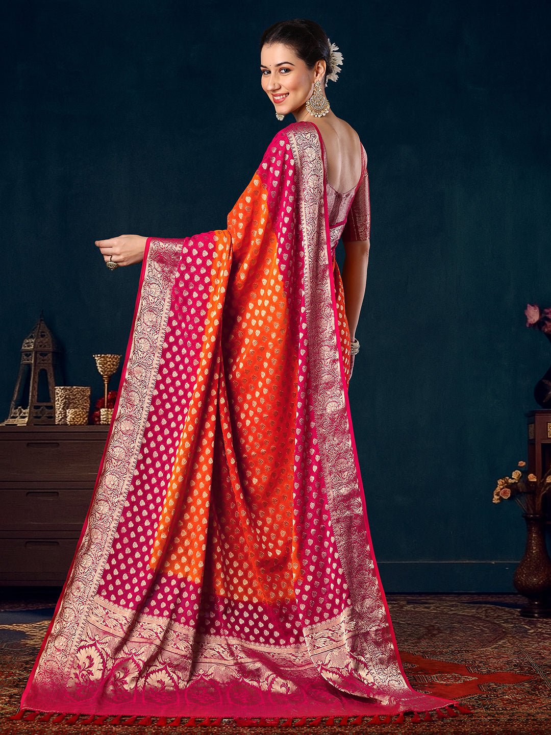 Orange Pink Georgette Banarsi Silk Saree - Ressa