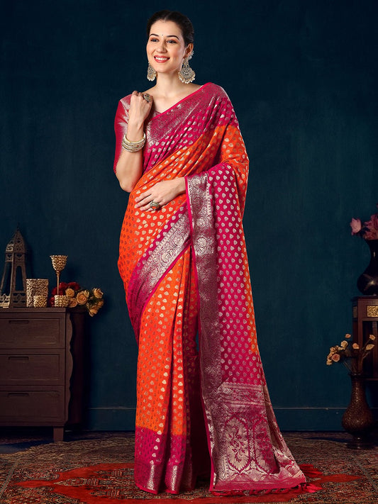 Orange Pink Georgette Banarsi Silk Saree - Ressa