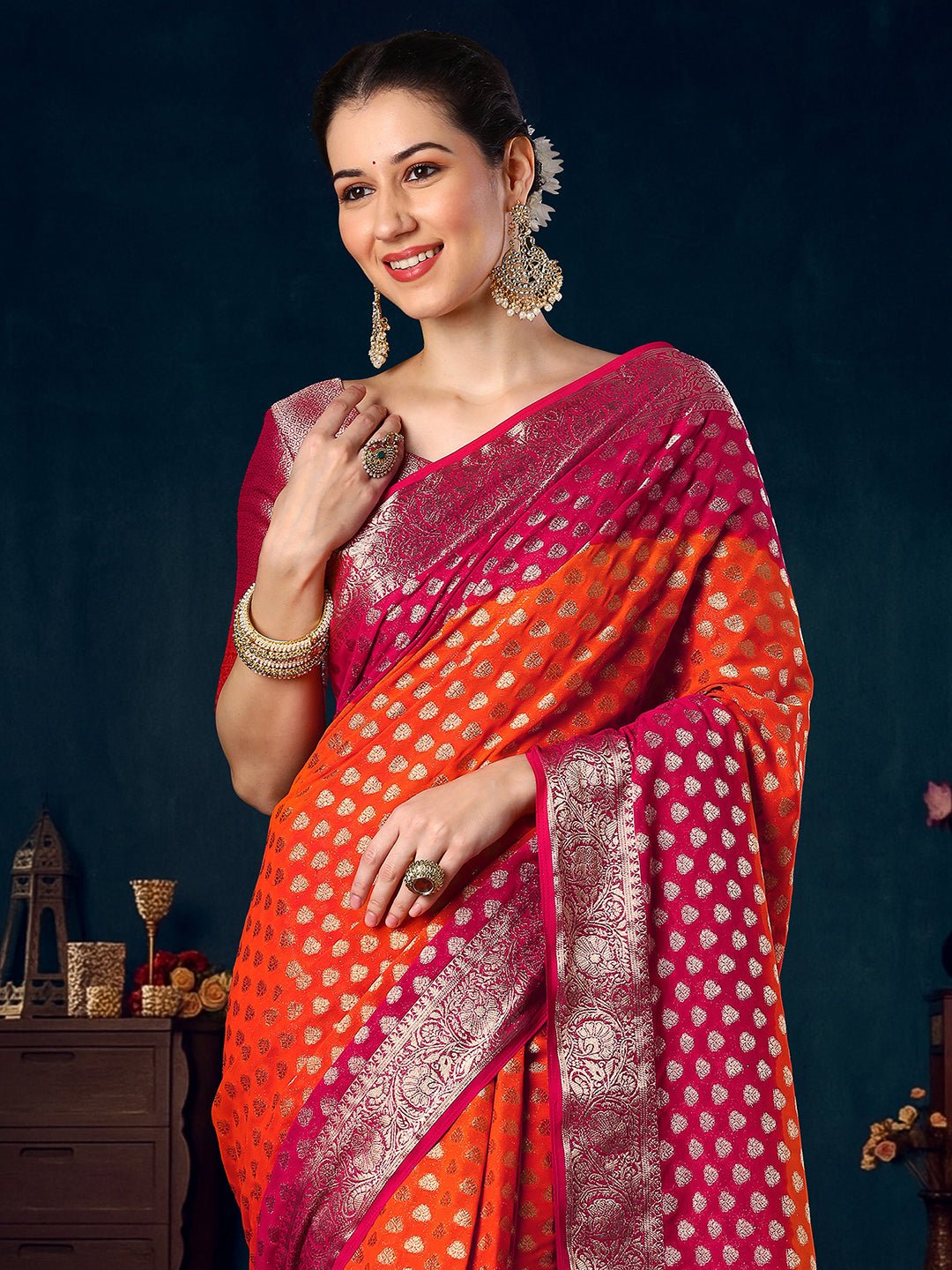 Orange Pink Georgette Banarsi Silk Saree - Ressa