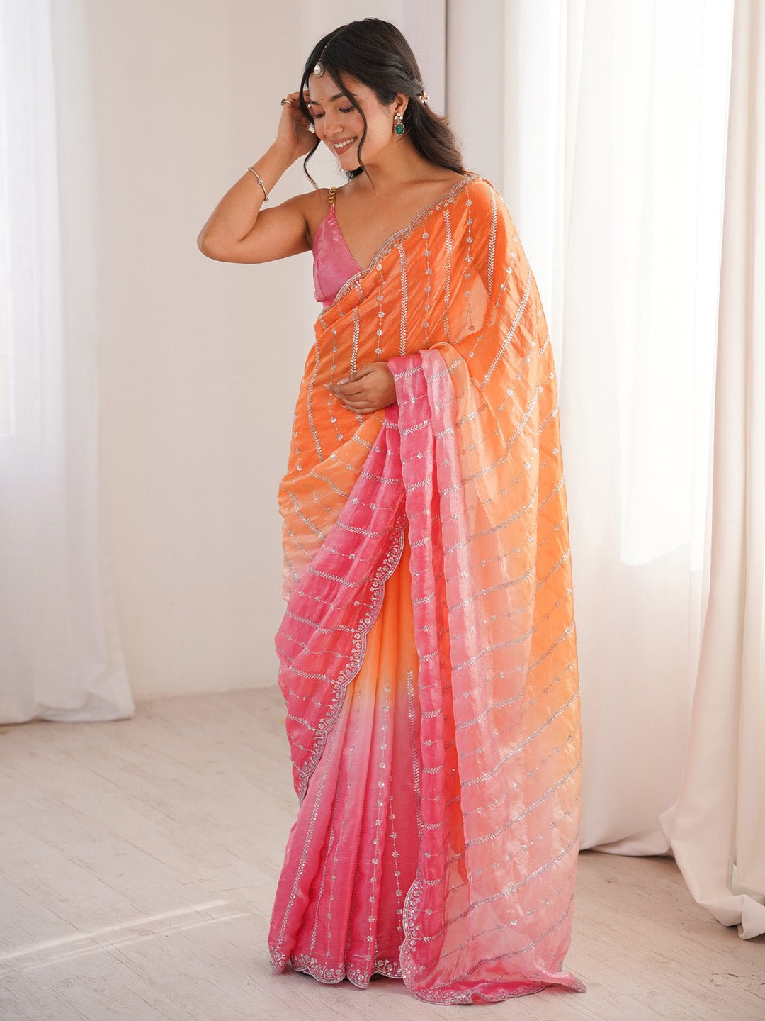 Orange & Pink Ombre Striped Emblished Saree - Ressa