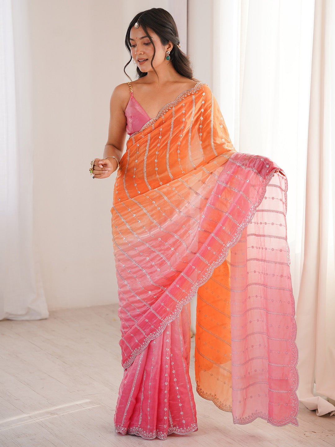 Orange & Pink Ombre Striped Emblished Saree - Ressa