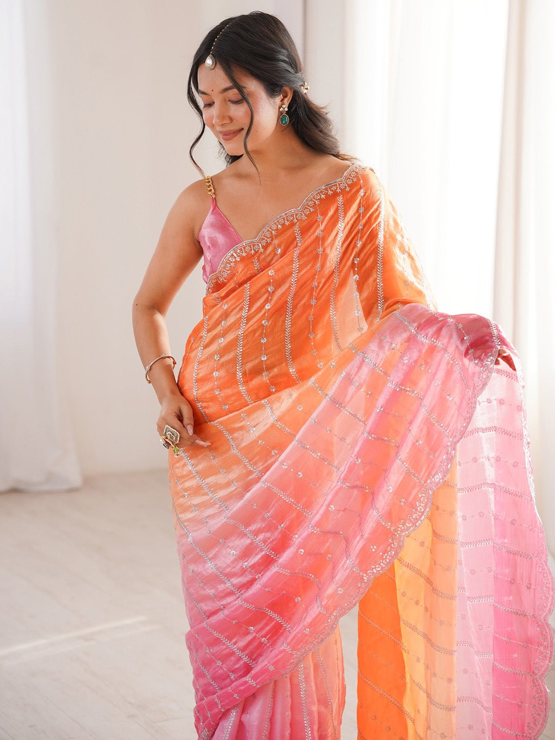 Orange & Pink Ombre Striped Emblished Saree - Ressa