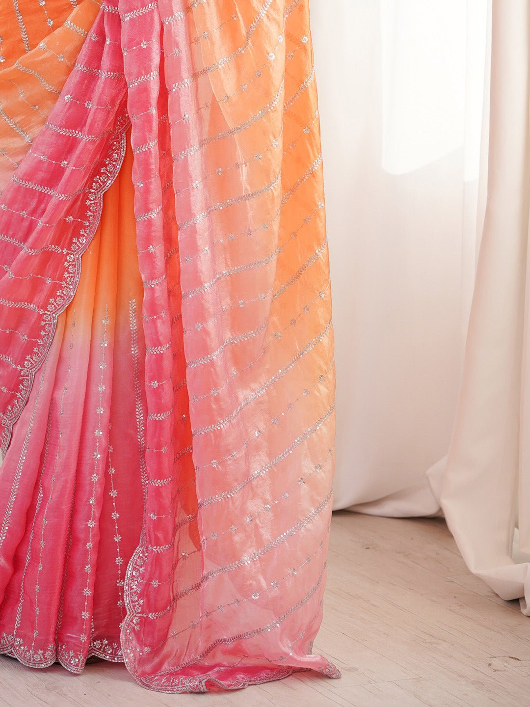 Orange & Pink Ombre Striped Emblished Saree - Ressa