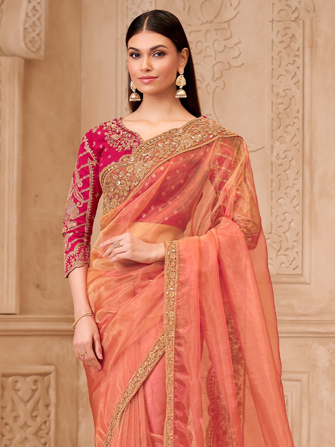 Orange & Pink Silk Blend Heritage Zari Woven Embroidered Saree - Ressa