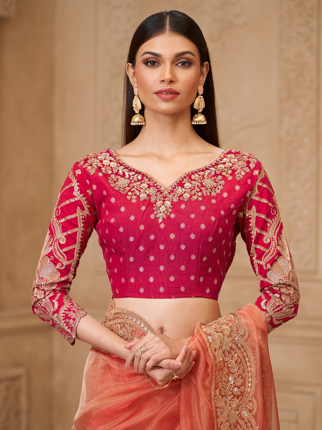 Orange & Pink Silk Blend Heritage Zari Woven Embroidered Saree - Ressa