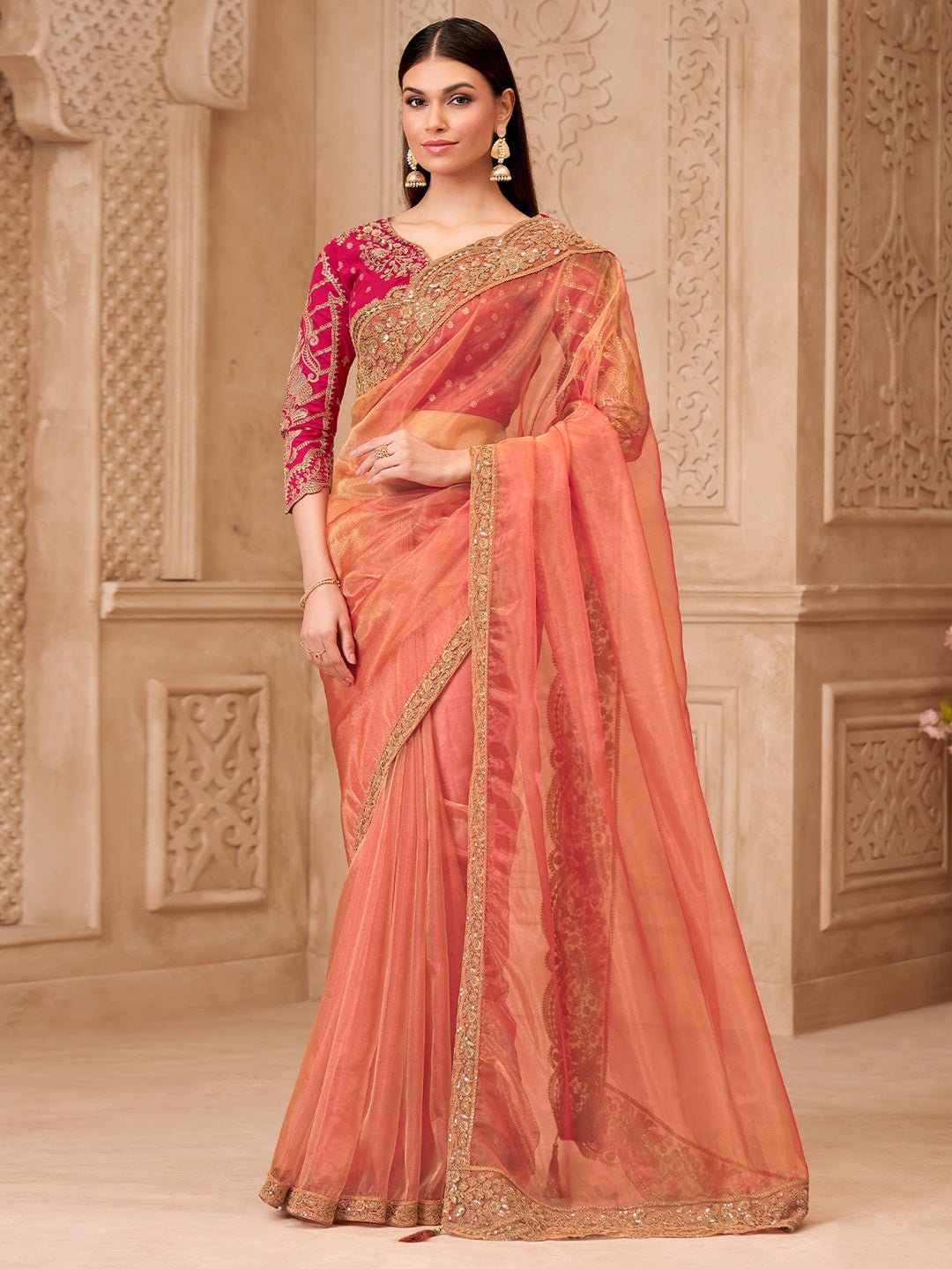 Orange & Pink Silk Blend Heritage Zari Woven Embroidered Saree - Ressa