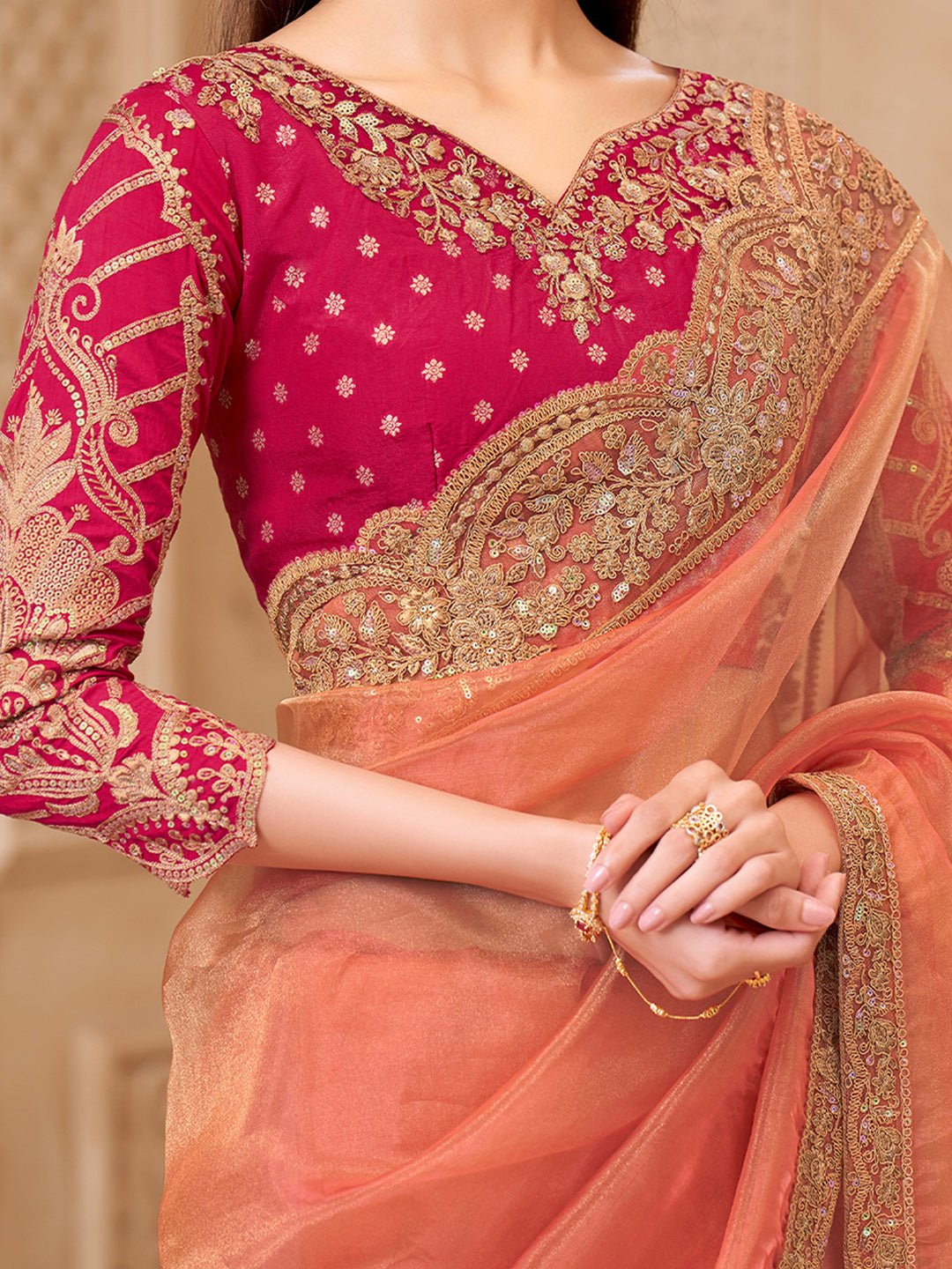 Orange & Pink Silk Blend Heritage Zari Woven Embroidered Saree - Ressa