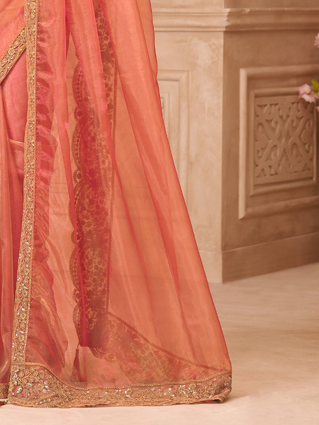 Orange & Pink Silk Blend Heritage Zari Woven Embroidered Saree - Ressa