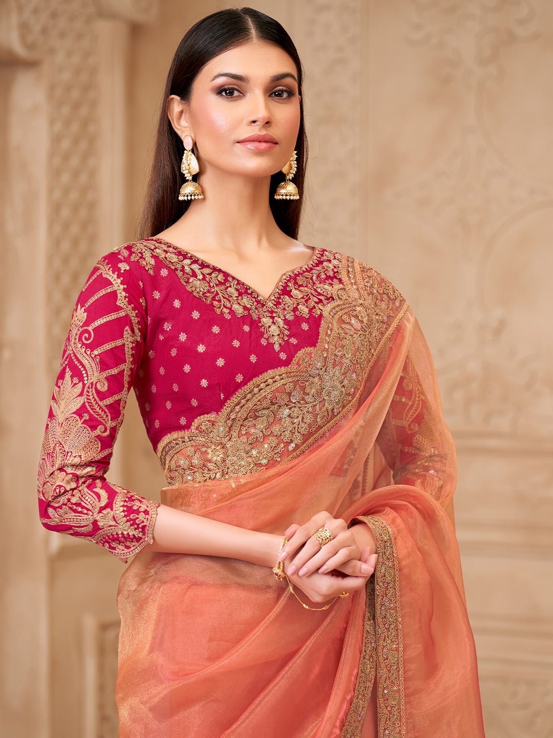 Orange & Pink Silk Blend Heritage Zari Woven Embroidered Saree - Ressa