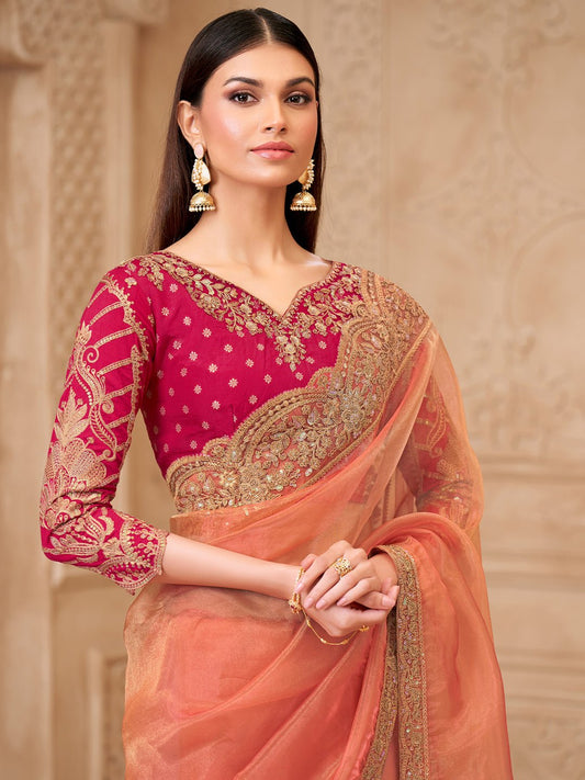 Orange & Pink Silk Blend Heritage Zari Woven Embroidered Saree - Ressa