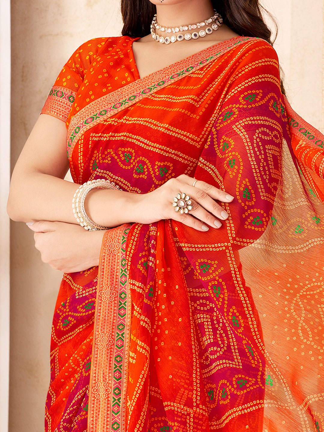 Orange & Red Georgette Bandhani Print Saree - Ressa