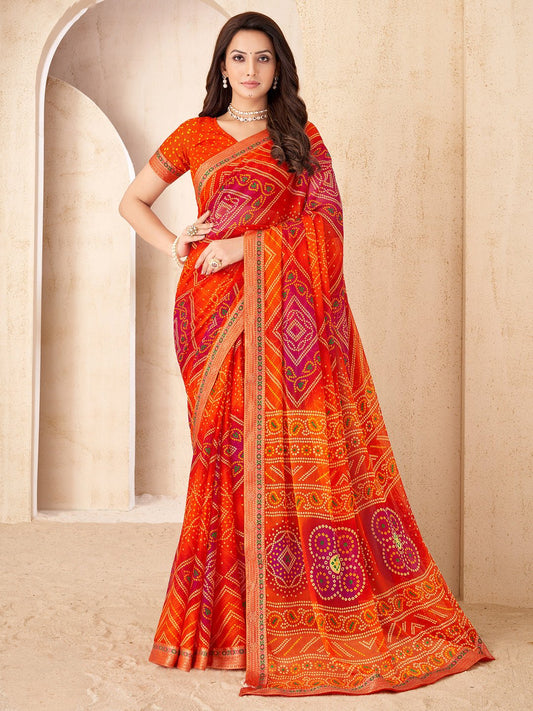 Orange & Red Georgette Bandhani Print Saree - Ressa