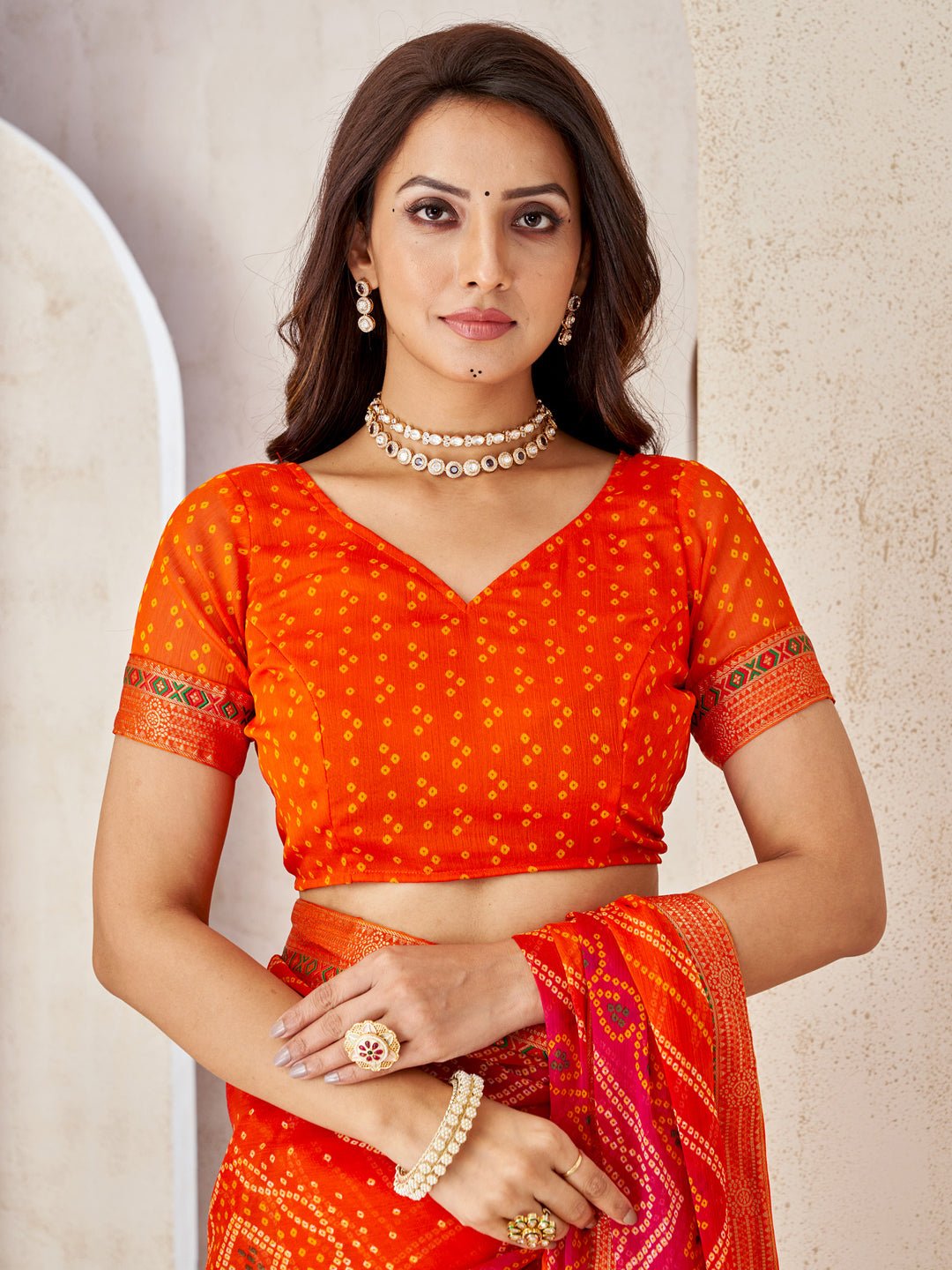 Orange & Red Georgette Bandhani Print Saree - Ressa