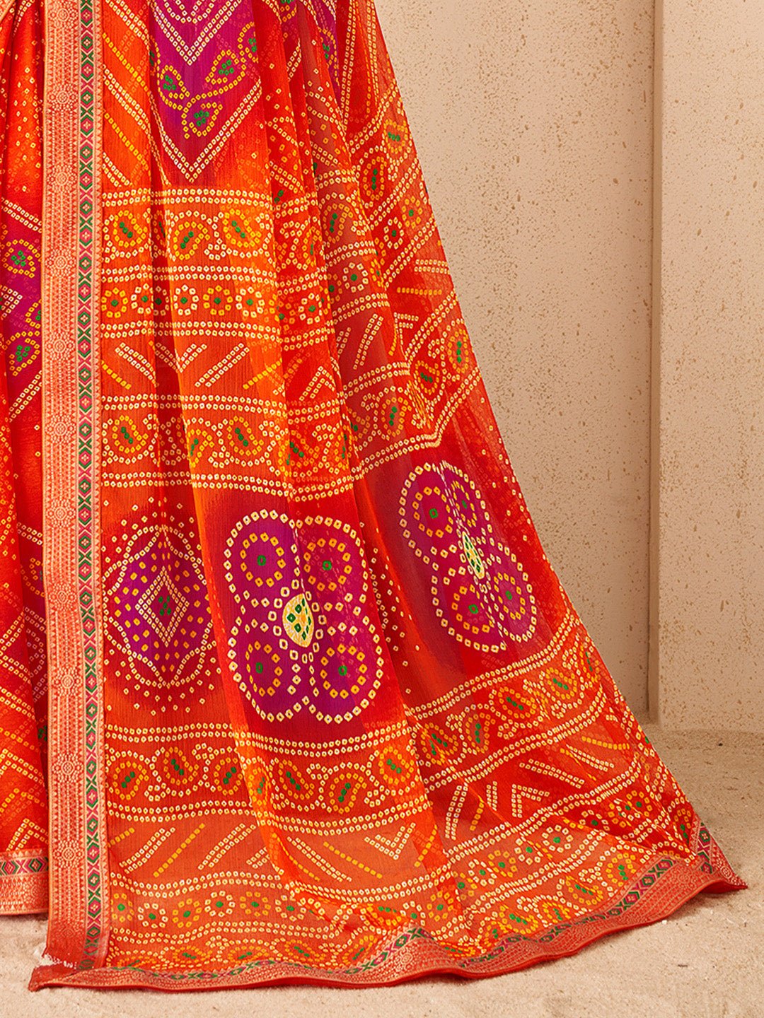 Orange & Red Georgette Bandhani Print Saree - Ressa