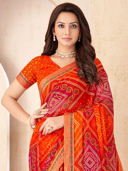 Orange & Red Georgette Bandhani Print Saree - Ressa