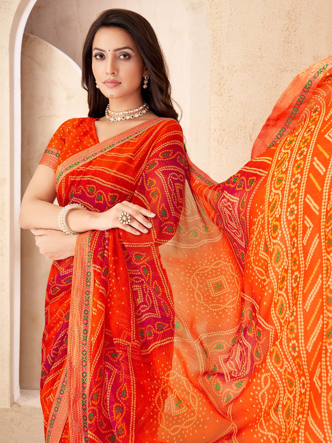 Orange & Red Georgette Bandhani Print Saree - Ressa