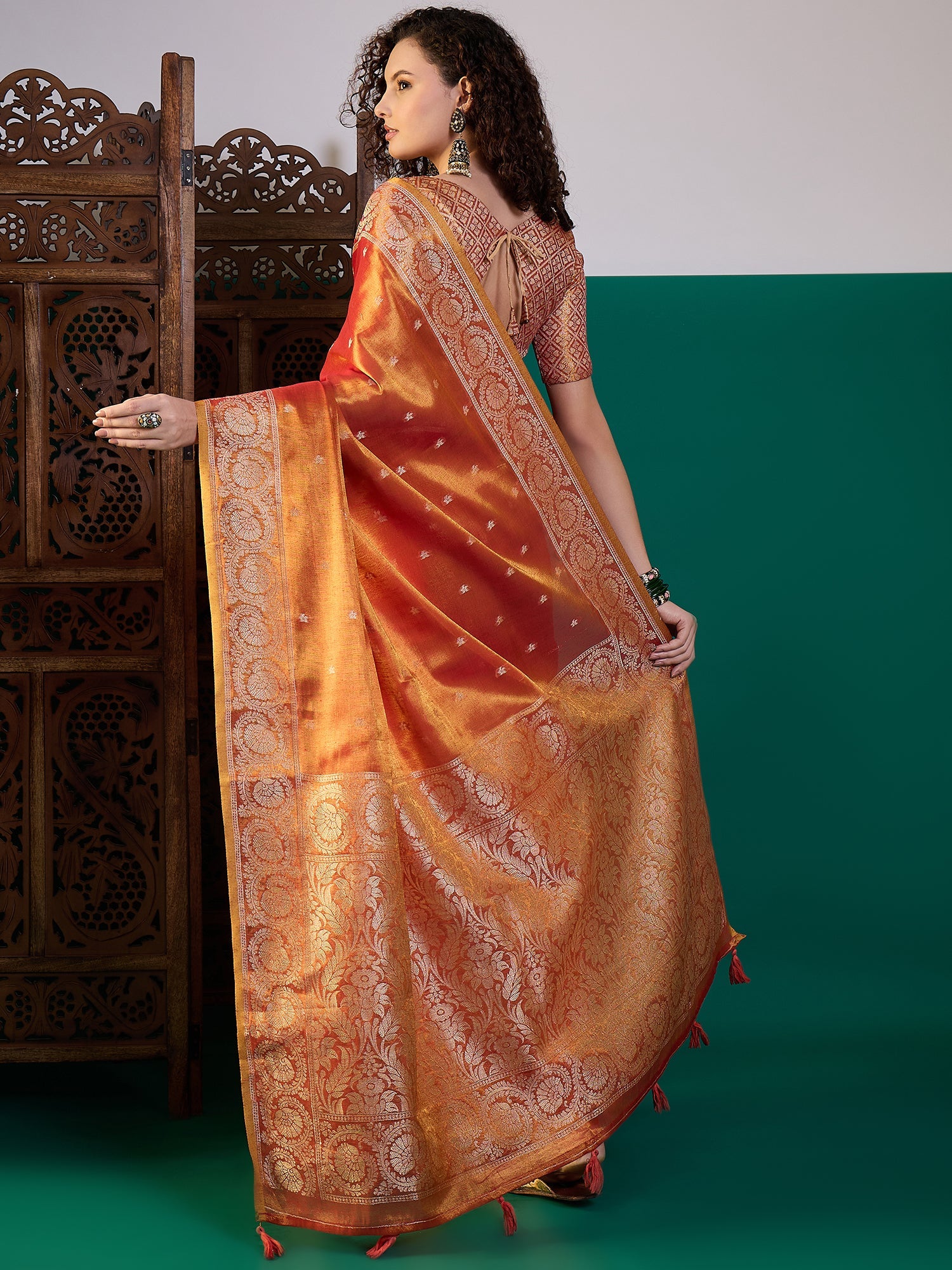 Orange Silk Blend Heritage Banarasi Style Saree - Ressa