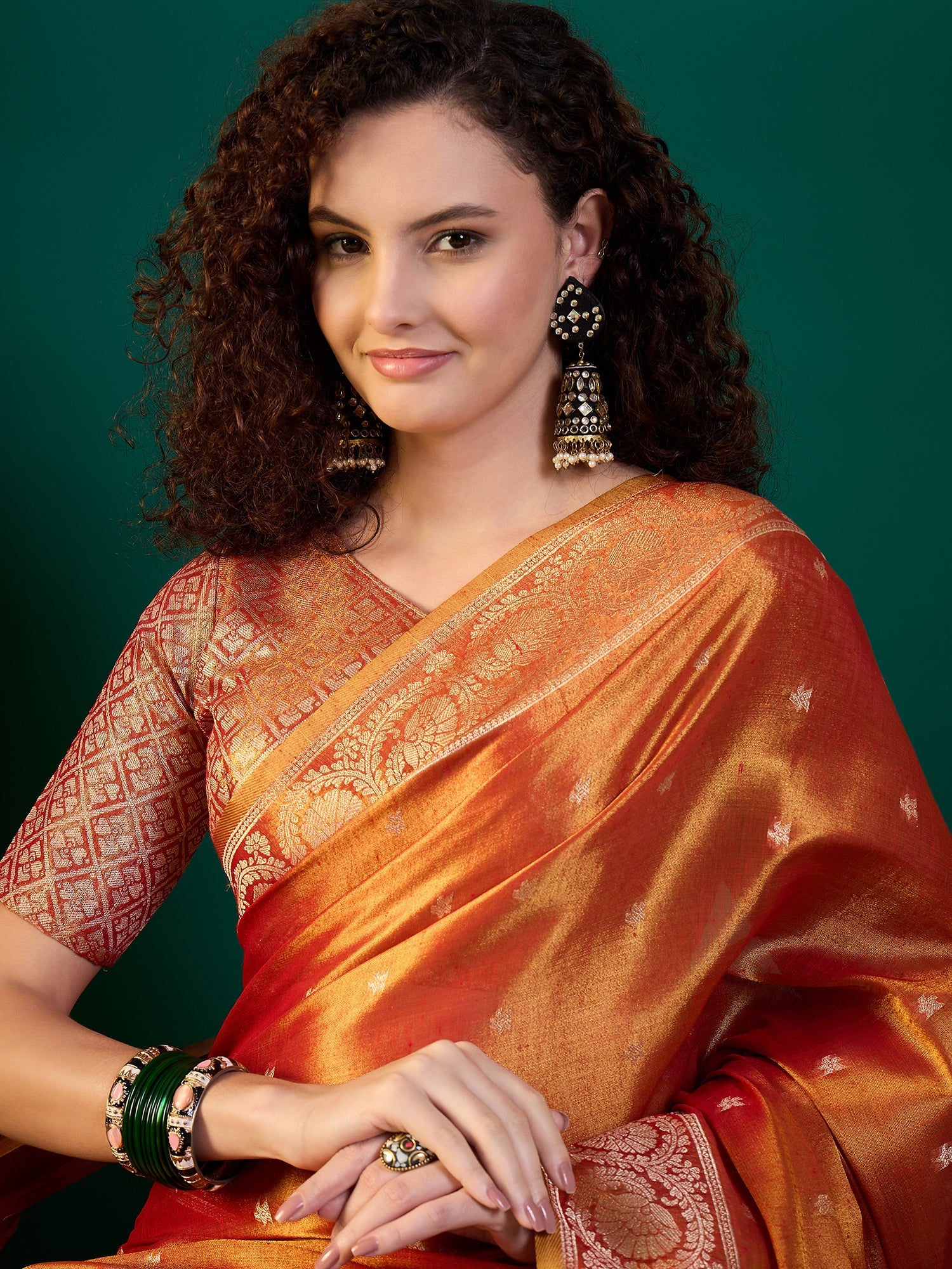 Orange Silk Blend Heritage Banarasi Style Saree - Ressa