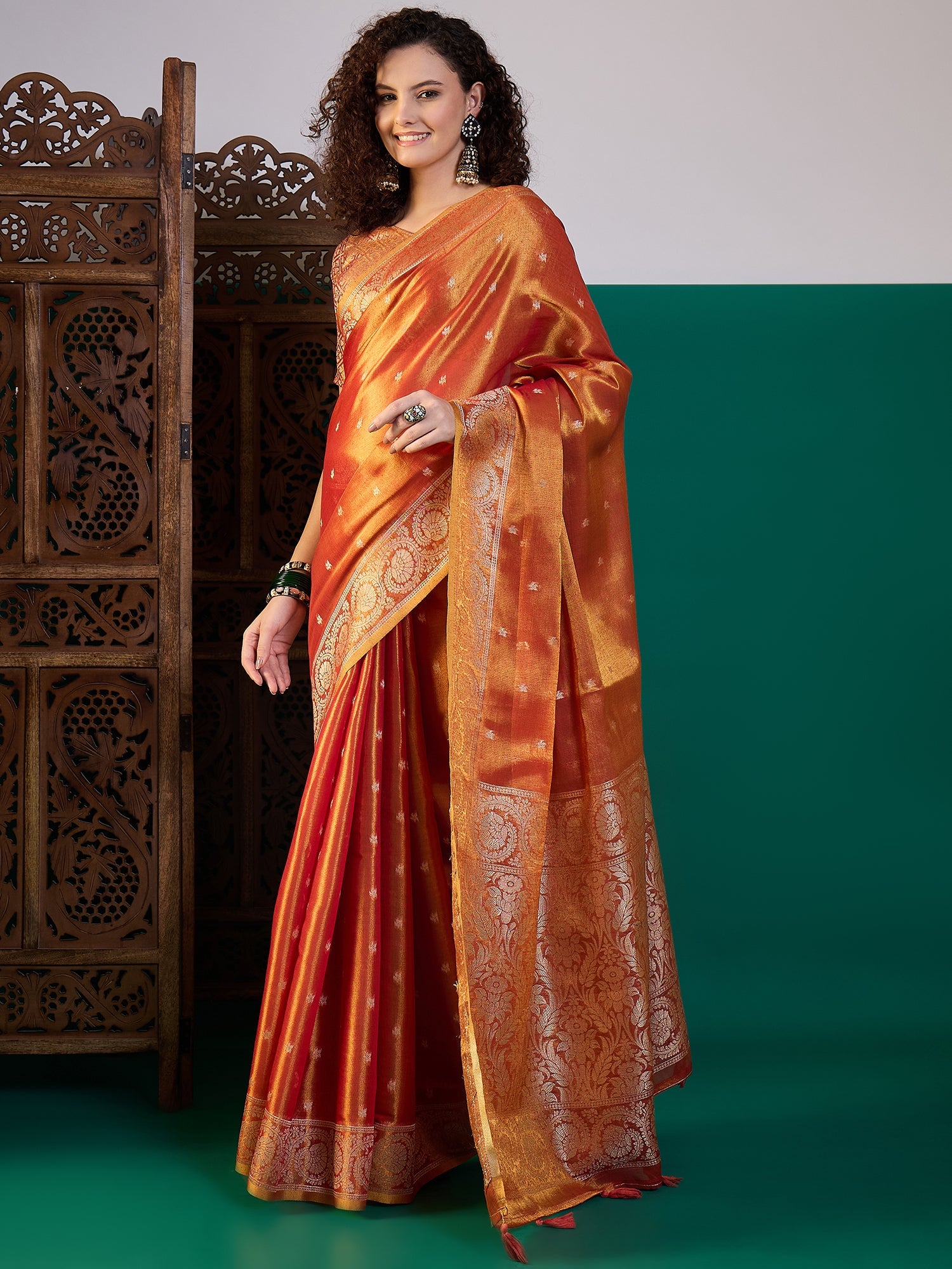 Orange Silk Blend Heritage Banarasi Style Saree - Ressa