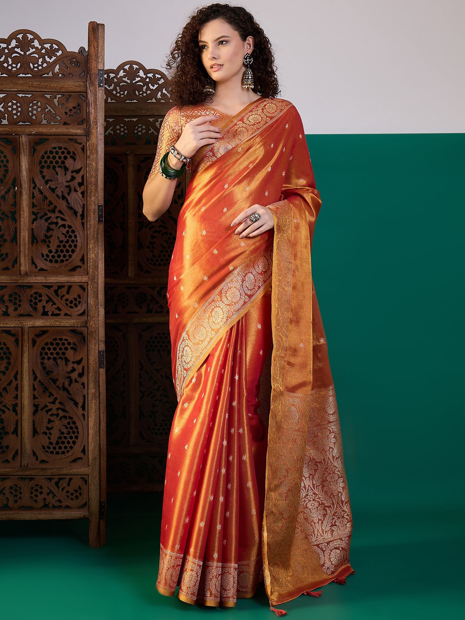 Orange Silk Blend Heritage Banarasi Style Saree - Ressa
