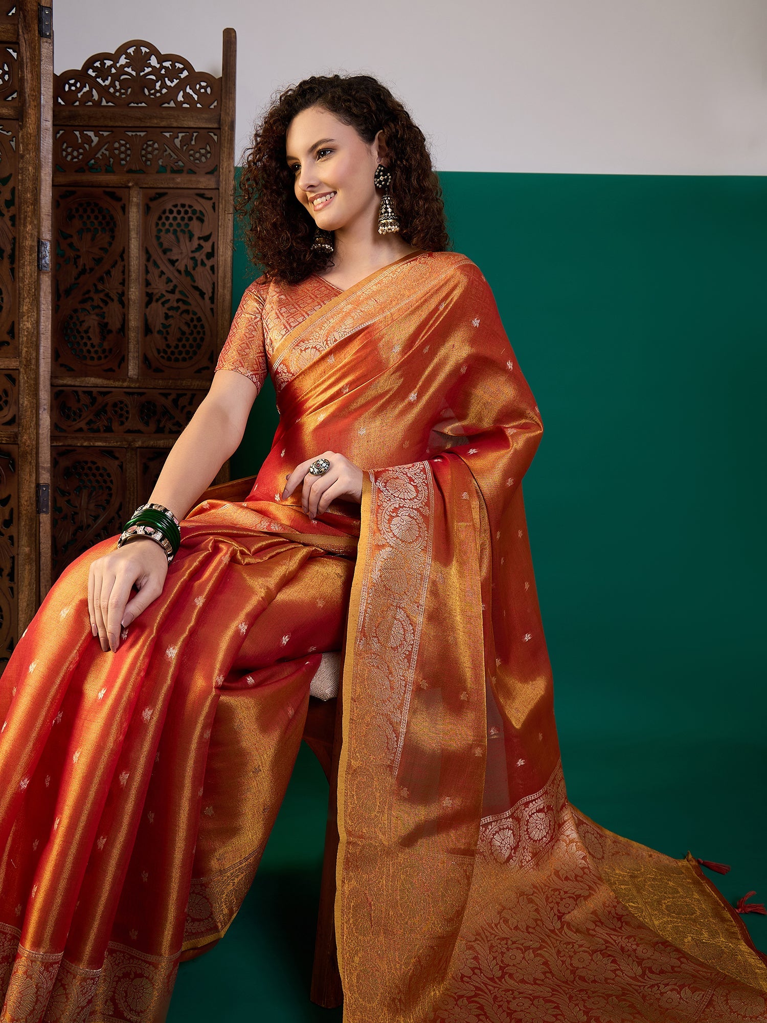Orange Silk Blend Heritage Banarasi Style Saree - Ressa