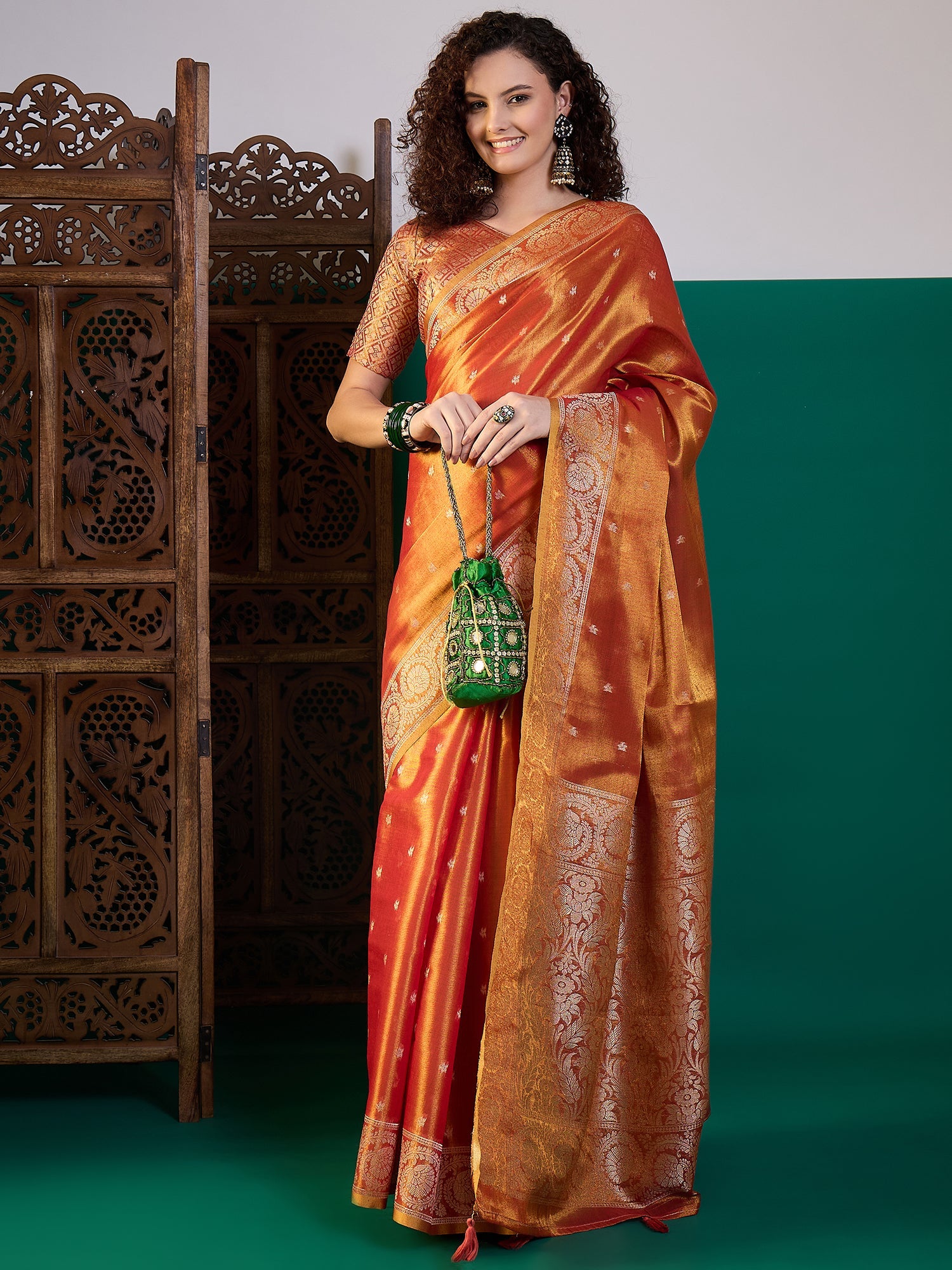 Orange Silk Blend Heritage Banarasi Style Saree - Ressa