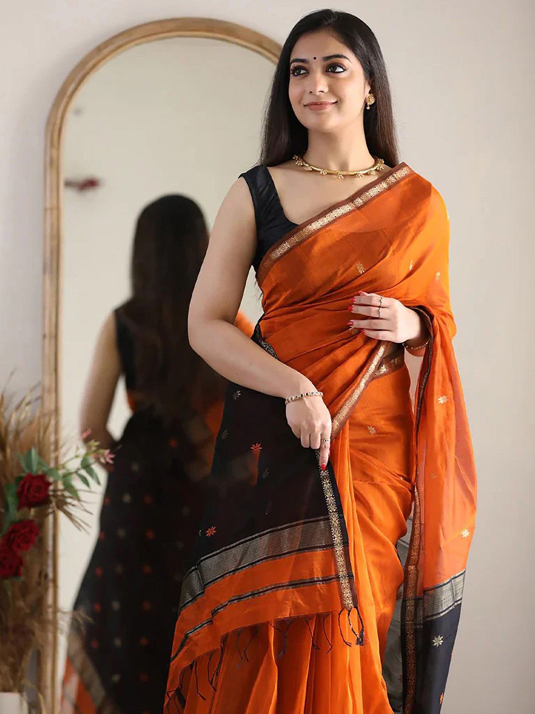 Orange Silk Cotton Saree - Ressa