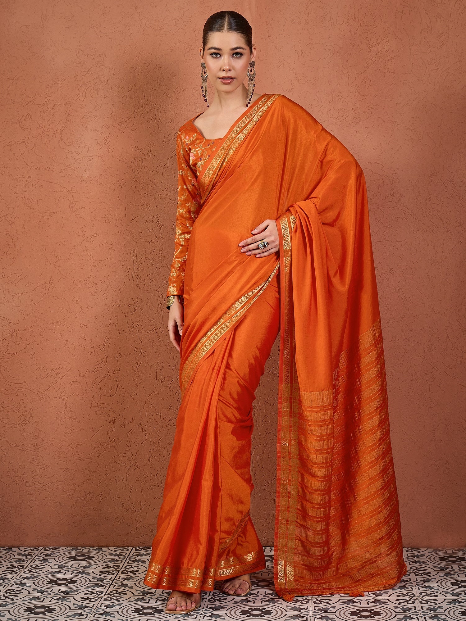 Orange Silk Saree with Zari Border - Ressa