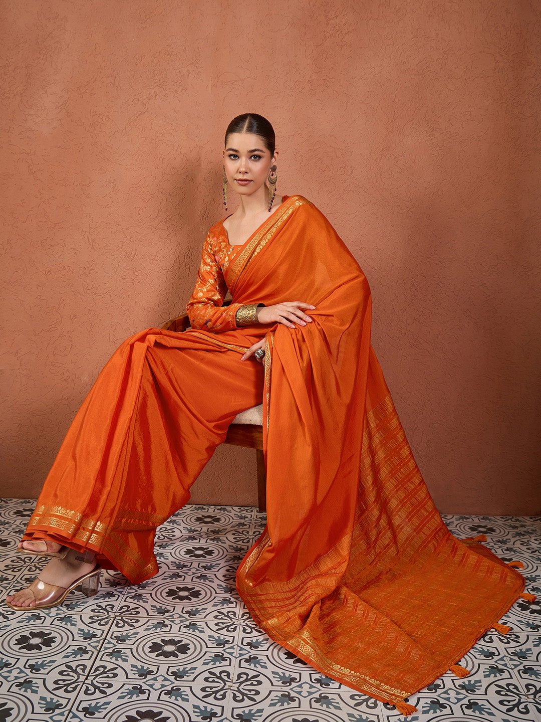 Orange Silk Saree with Zari Border - Ressa