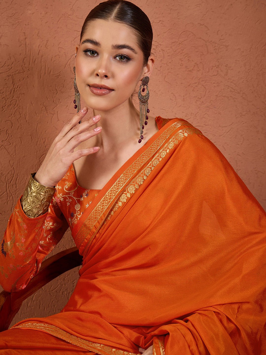 Orange Silk Saree with Zari Border - Ressa