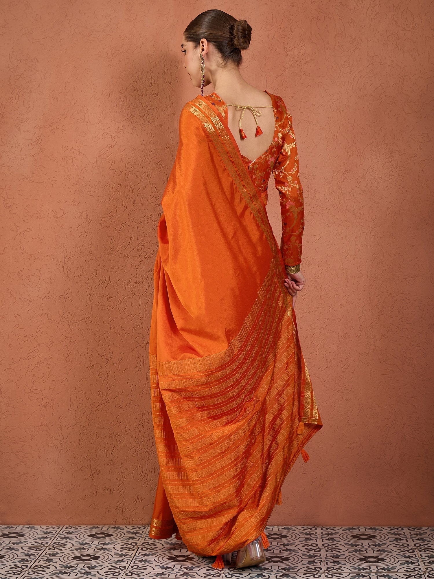 Orange Silk Saree with Zari Border - Ressa