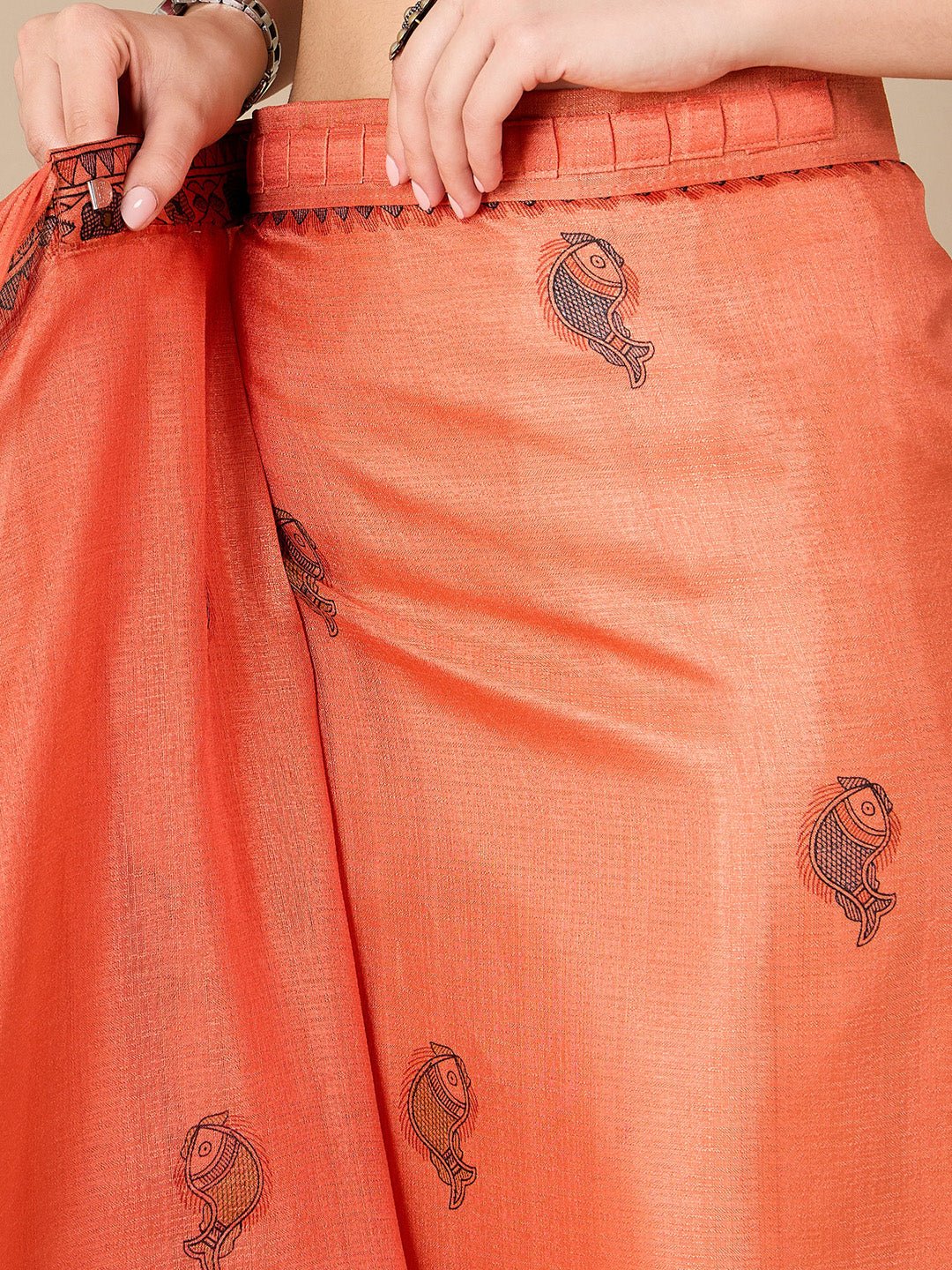 Orange Tussar Silk Madhubani Print Saree - Ressa