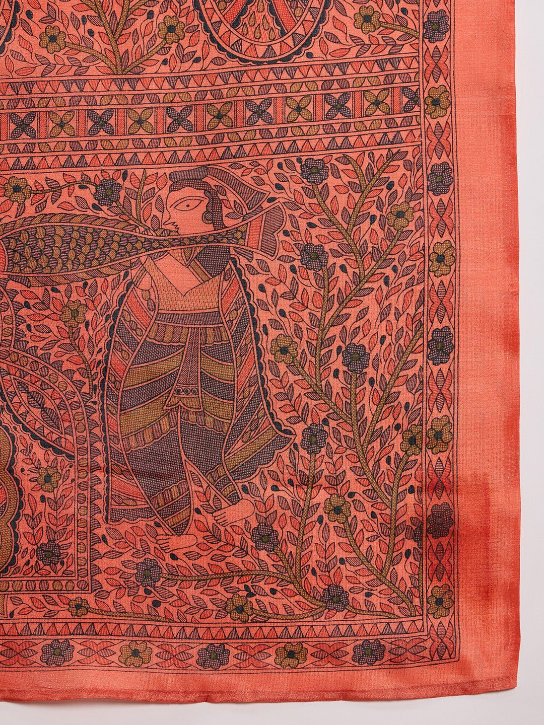 Orange Tussar Silk Madhubani Print Saree - Ressa