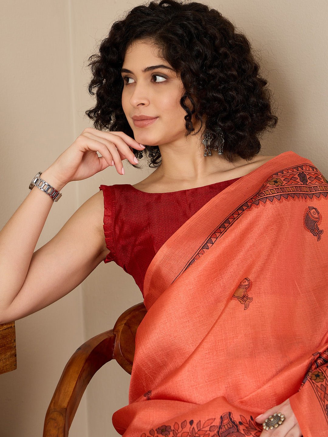 Orange Tussar Silk Madhubani Print Saree - Ressa