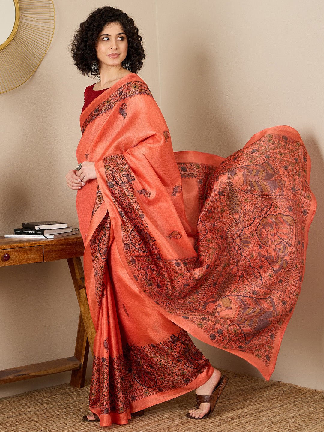 Orange Tussar Silk Madhubani Print Saree - Ressa
