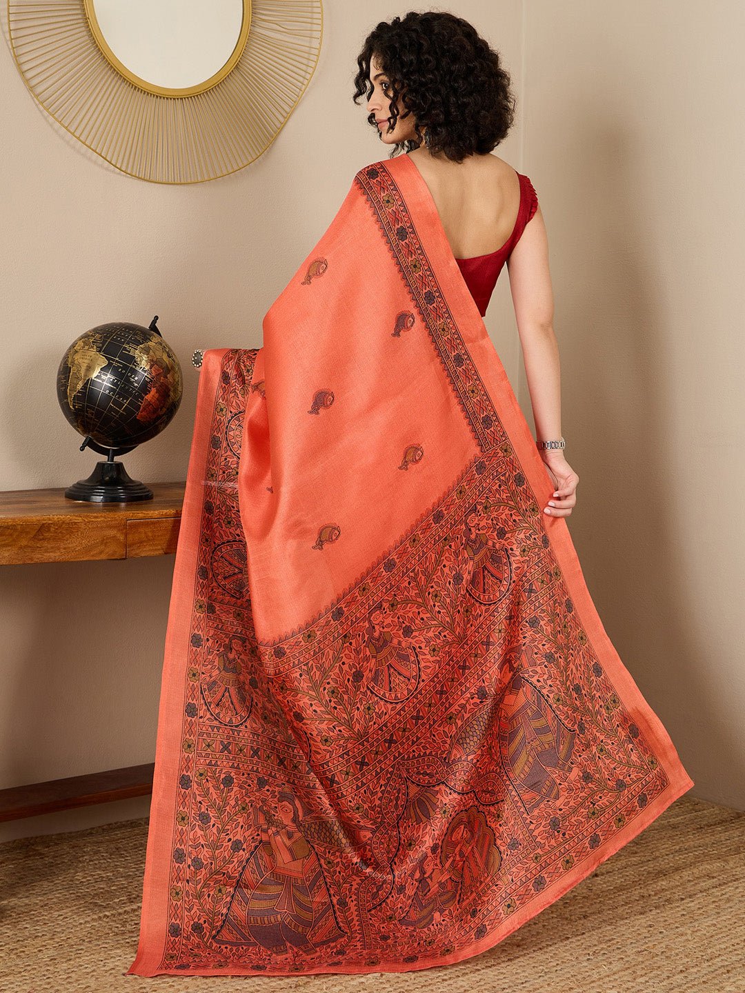 Orange Tussar Silk Madhubani Print Saree - Ressa