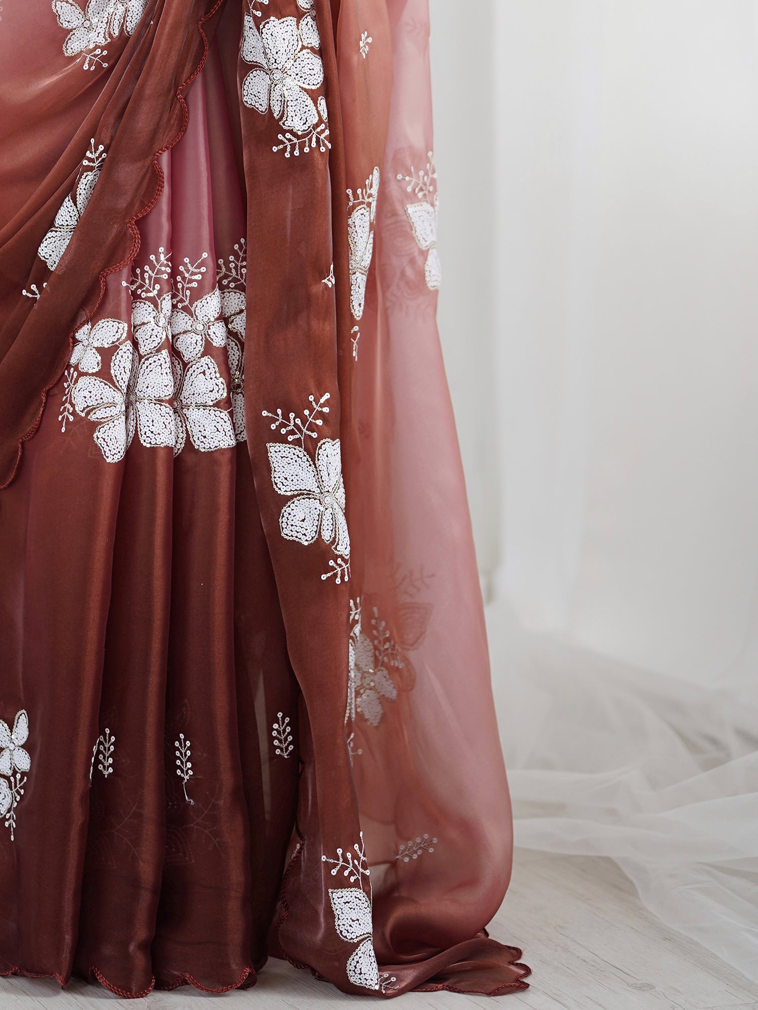 Organza Embroidered Saree | Mauve Wine Ombre | Floral Sequin Work - Ressa