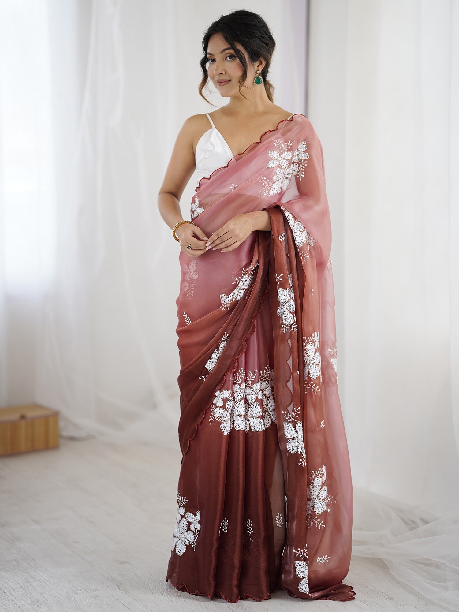 Organza Embroidered Saree | Mauve Wine Ombre | Floral Sequin Work - Ressa