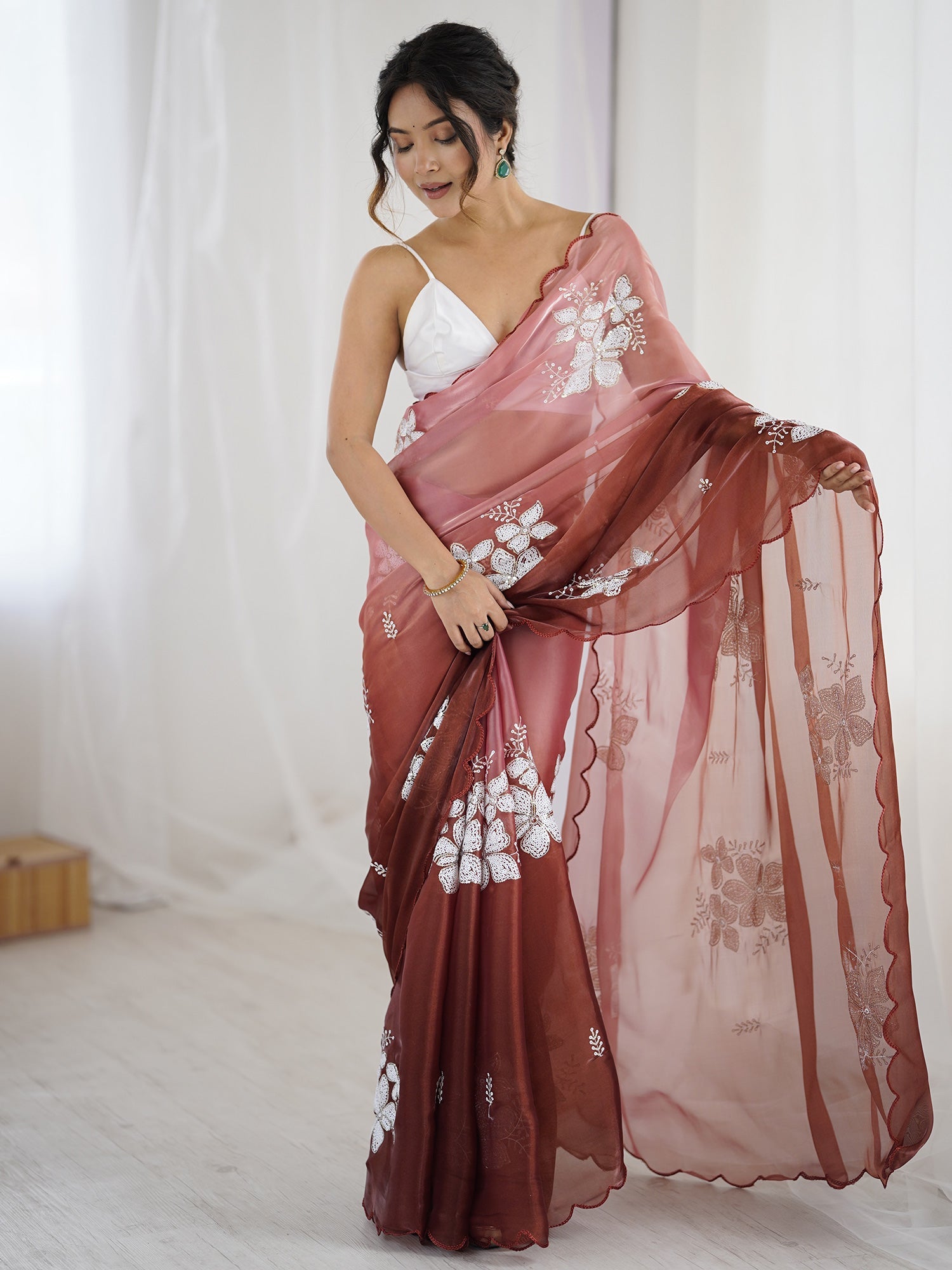 Organza Embroidered Saree | Mauve Wine Ombre | Floral Sequin Work - Ressa
