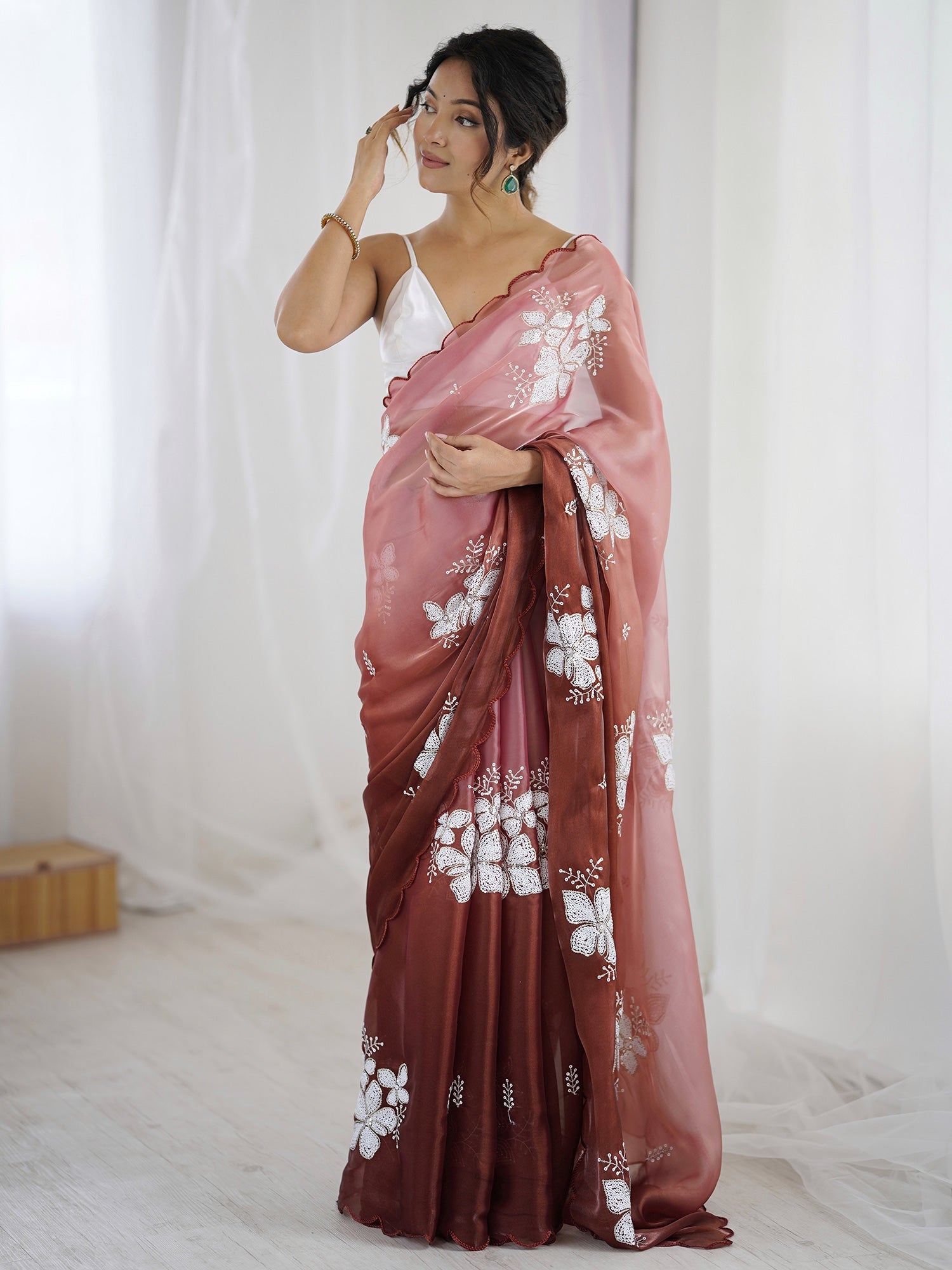 Organza Embroidered Saree | Mauve Wine Ombre | Floral Sequin Work - Ressa