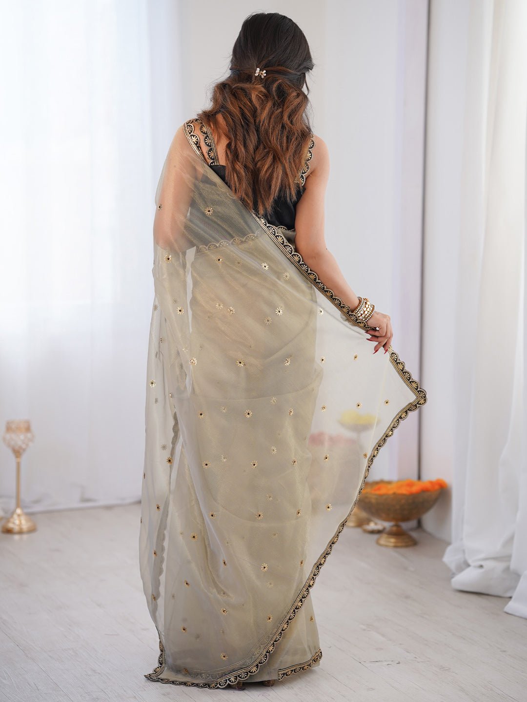Organza Light Green Embroidery Saree - Ressa