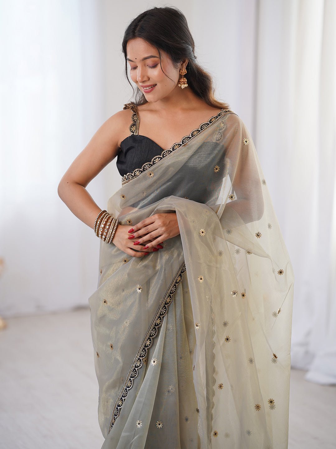 Organza Light Green Embroidery Saree - Ressa