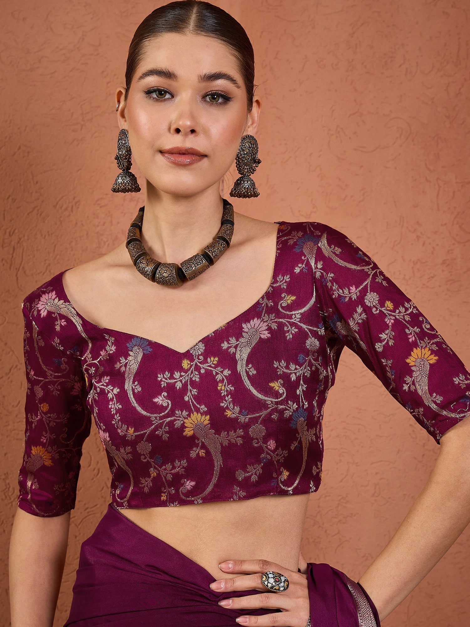 Organza Saree in Deep Wine with Zari Border & Brocade Blouse - Ressa