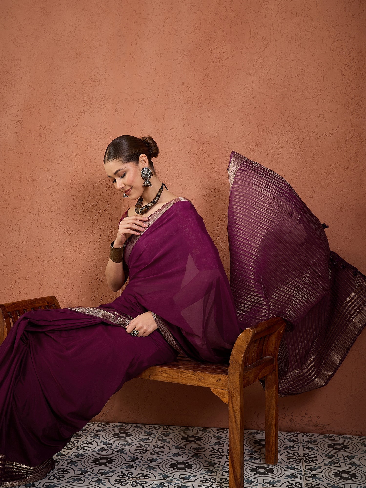 Organza Saree in Deep Wine with Zari Border & Brocade Blouse - Ressa