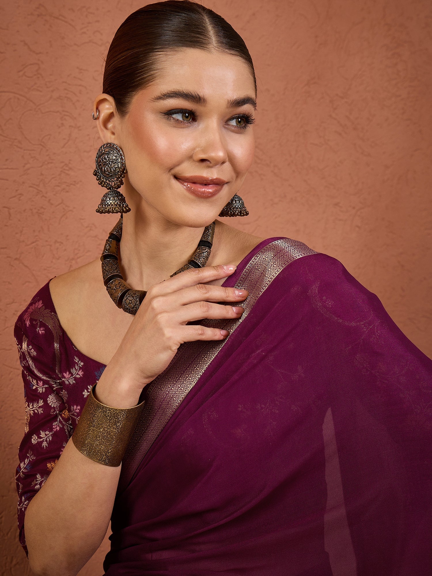 Organza Saree in Deep Wine with Zari Border & Brocade Blouse - Ressa
