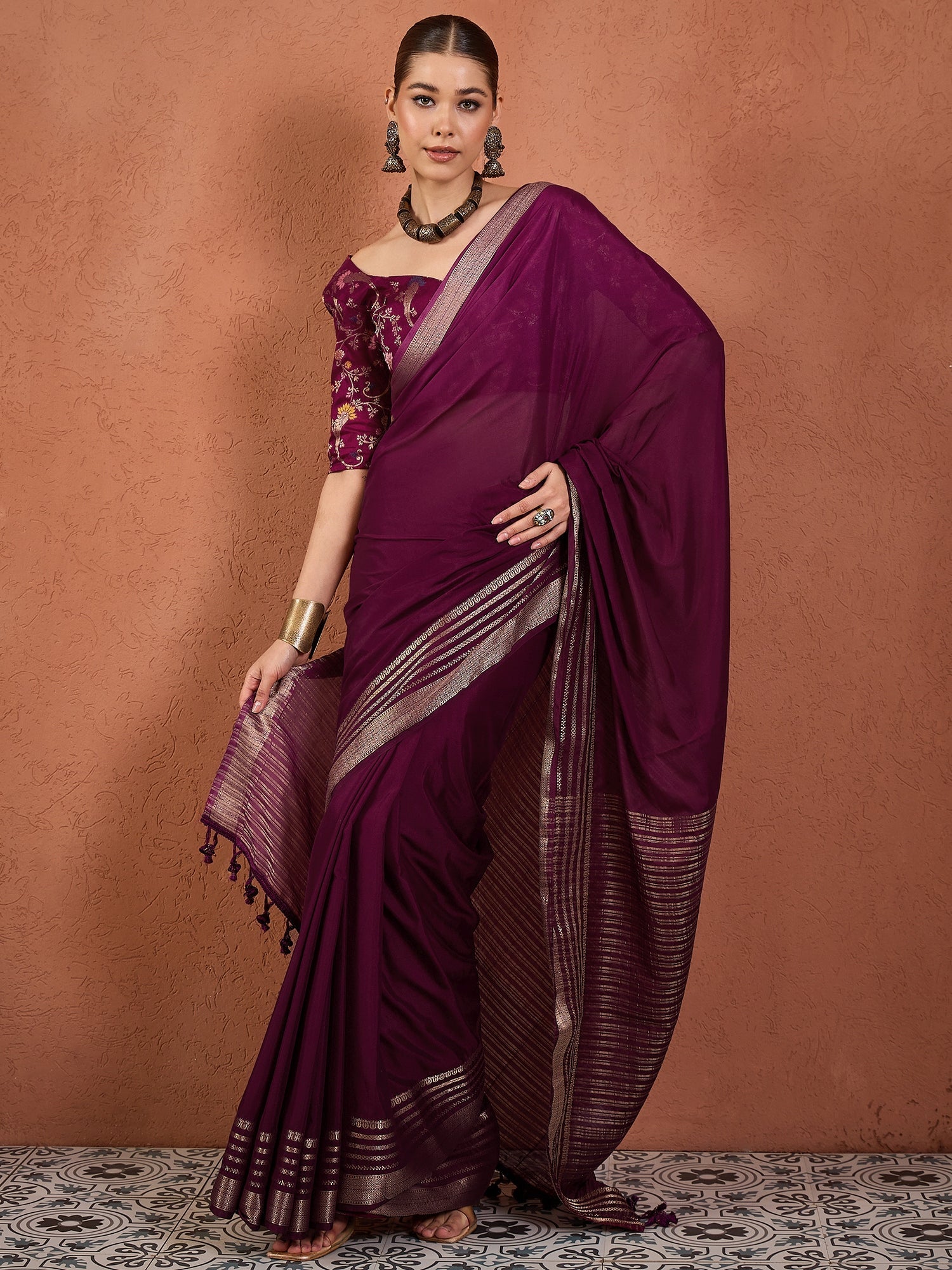 Organza Saree in Deep Wine with Zari Border & Brocade Blouse - Ressa