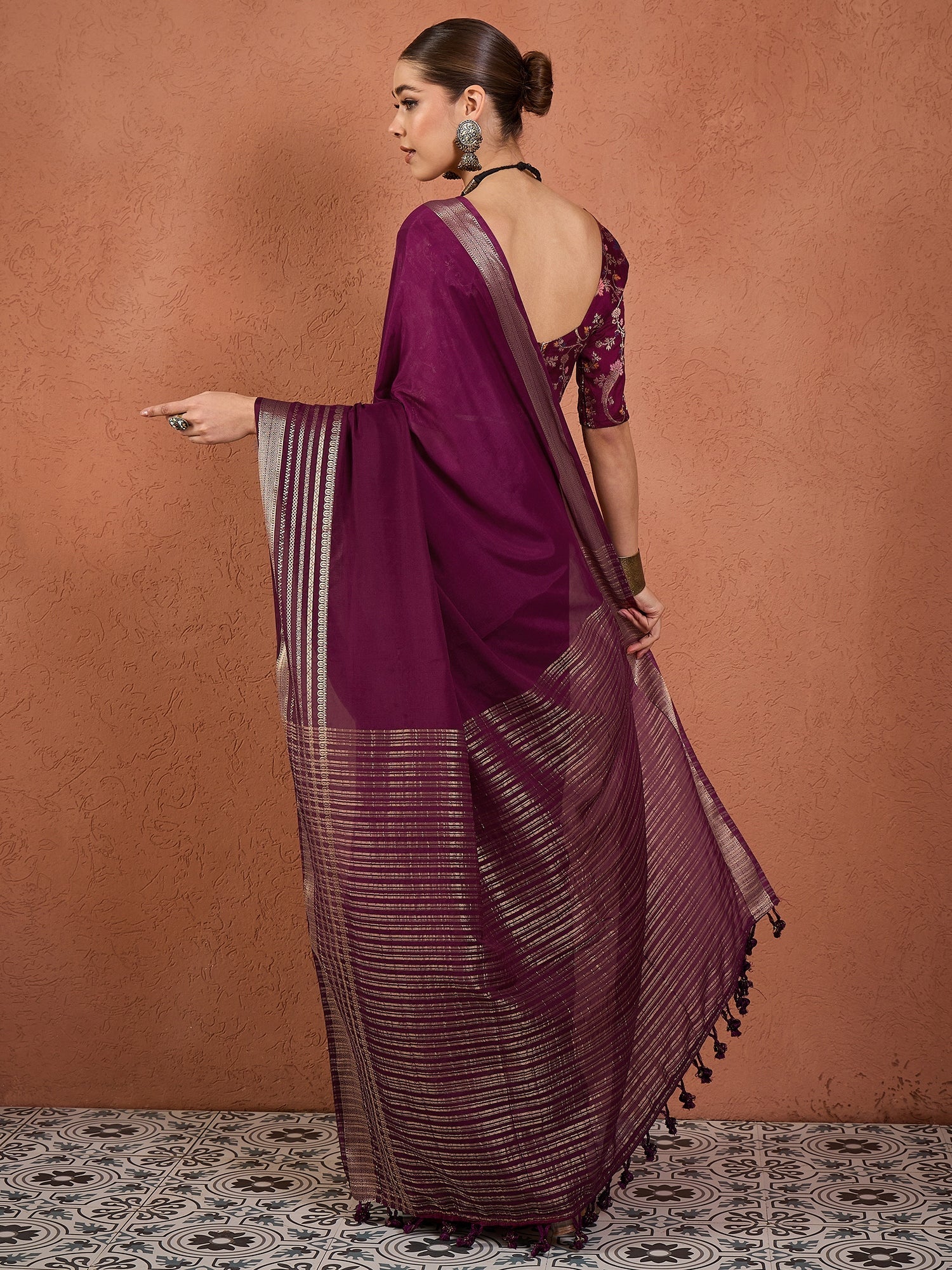 Organza Saree in Deep Wine with Zari Border & Brocade Blouse - Ressa