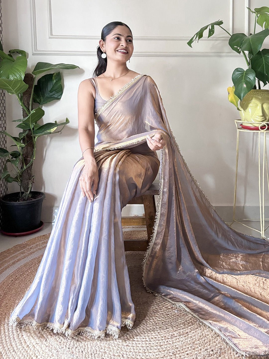 Organza Saree in Lavender Grey with Gold Lace Border - Ressa