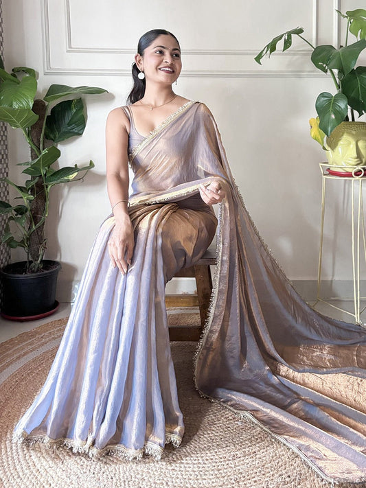Organza Saree in Lavender Grey with Gold Lace Border - Ressa